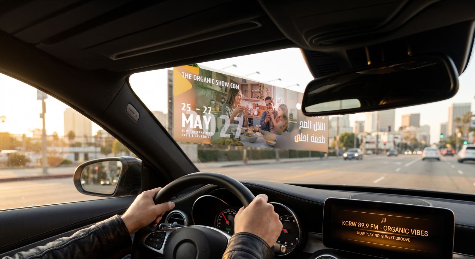 A Healthy & Organic Show billboard seen from a car on a Cairo road